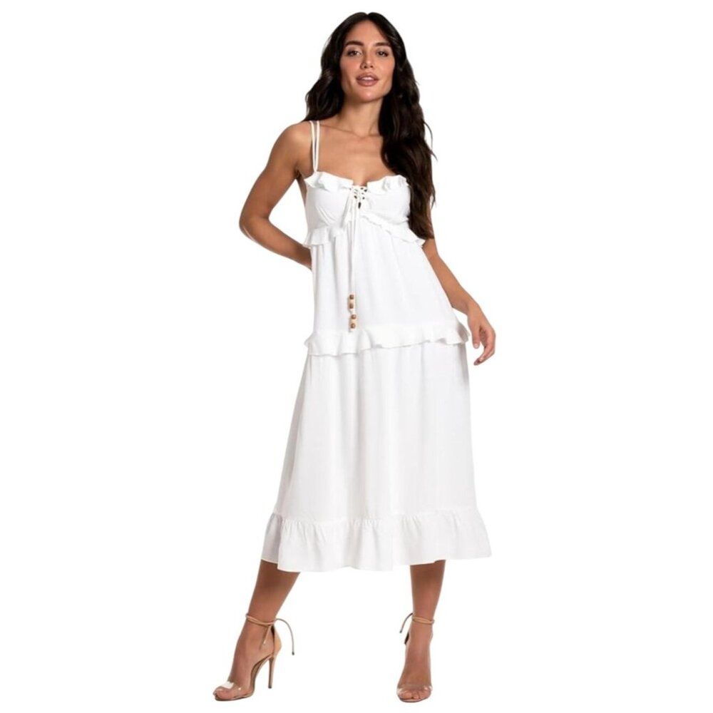 Brocade & Ivy Whimsy Empire Ruffle Seam Midi Dress Bright White Women's Size L
